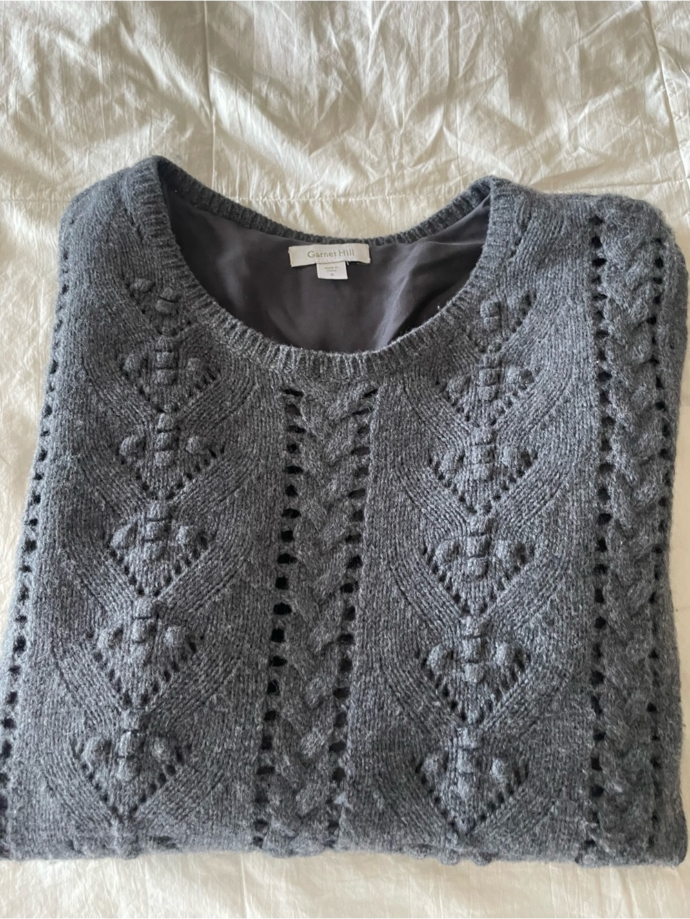 Garnet Hill Charcoal Gray Heart Cable-Knit Scoop Neck Sweater